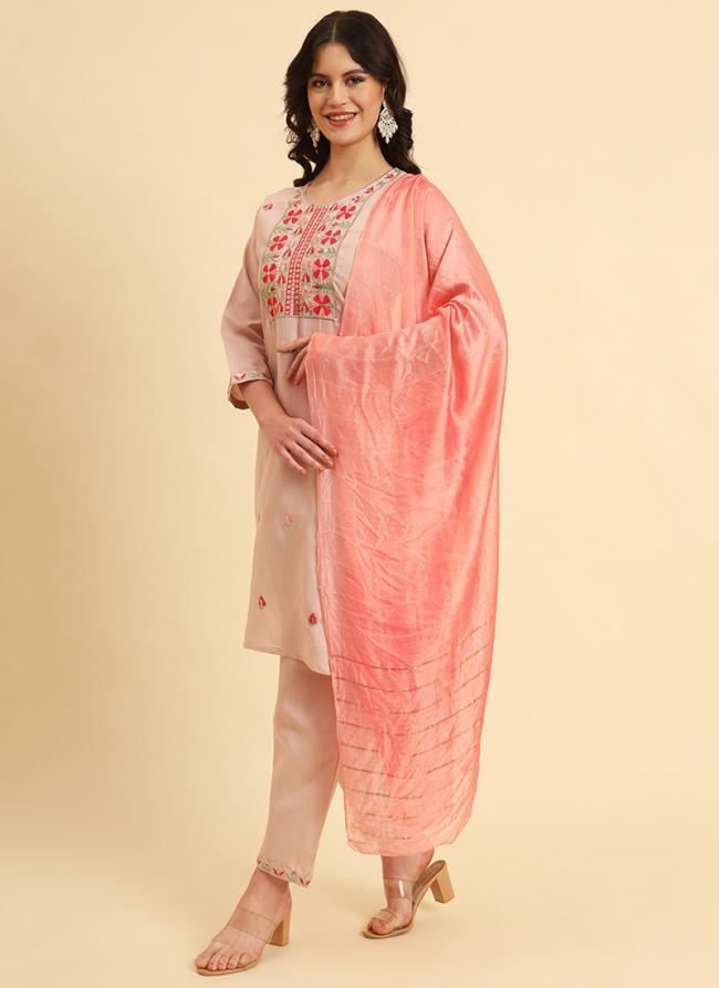 Cotton Peach Daily Wear Thread Work Readymade Kurti Set